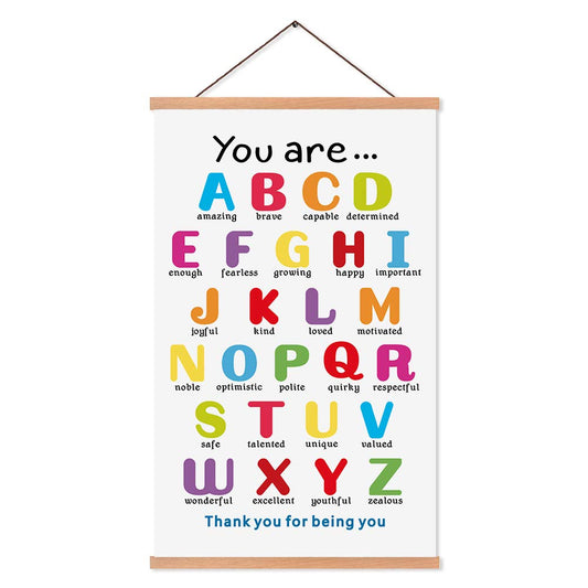 KAIRNE Colorful ABC Alphabet Art Print With Wood Magnetic Poster Hanger Frame , 28X45CM You Are Amazing Positive Affirmation Words Canvas Wall Art For Home School Classroom Room Decor