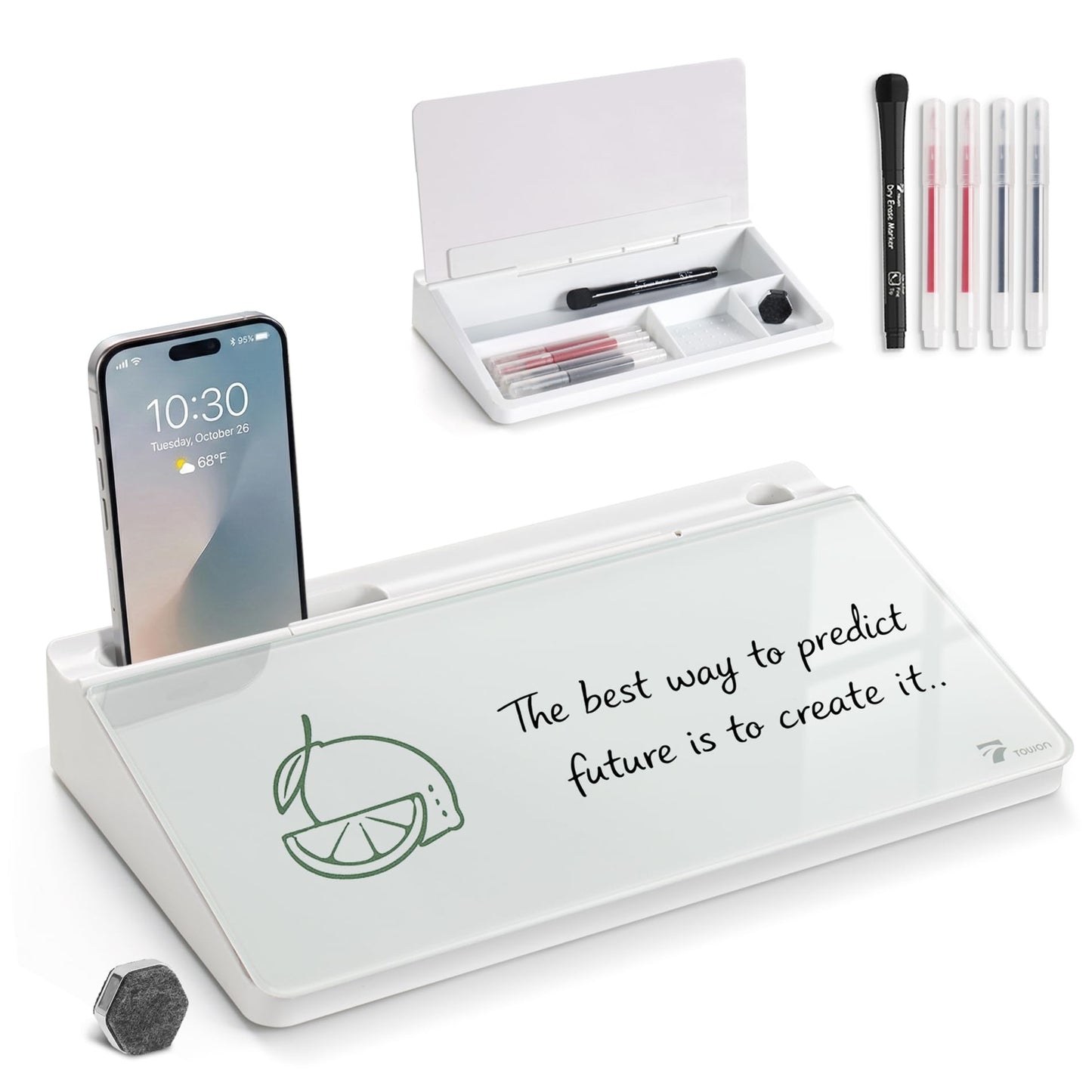 TOWON Small Compact Glass Desktop Whiteboard with Storage – 12 x 7 in Dry Erase Board for Desk, Home Office, School | Includes 5 Markers, Eraser & Holder | Space-Saving Organizer, Aesthetic White