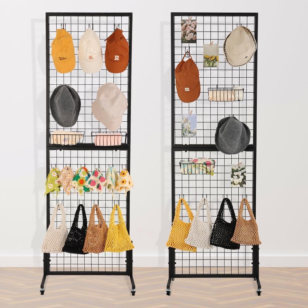 OUDUCK 2 Packs 1.8' x 5.7' Grid Wall Panels Standing Wire Grid, Display Rack with T-Base Wheels Freestanding Gridwall Panel Tower for Shows, Black