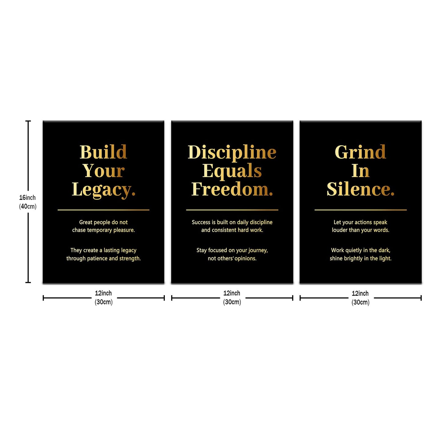 PSYYSP 3 Piece Canvas Wall Art Discipline Equals Freedom Posters, Black Gold Motivational Triptych Wall Decor for Office, Bedroom, Dorm, Study Room, Framed Canvas 36x16inch