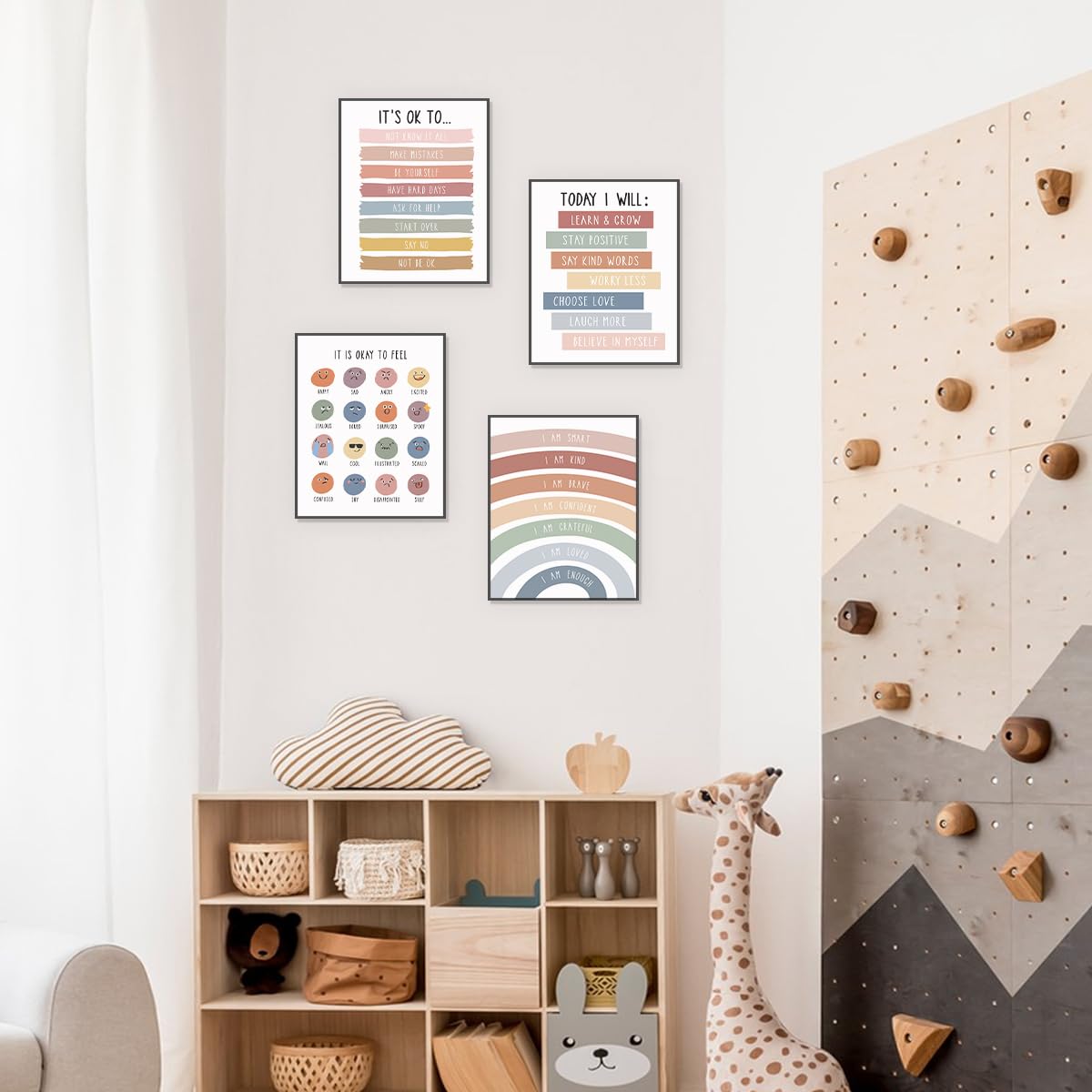 PLKMN Boho Rainbow Wall Art Set of 4, Inspirational Kindness Posters for Kids Room, Mental Health Decor for Nursery, Classroom, 8x10 Inch, Unframed