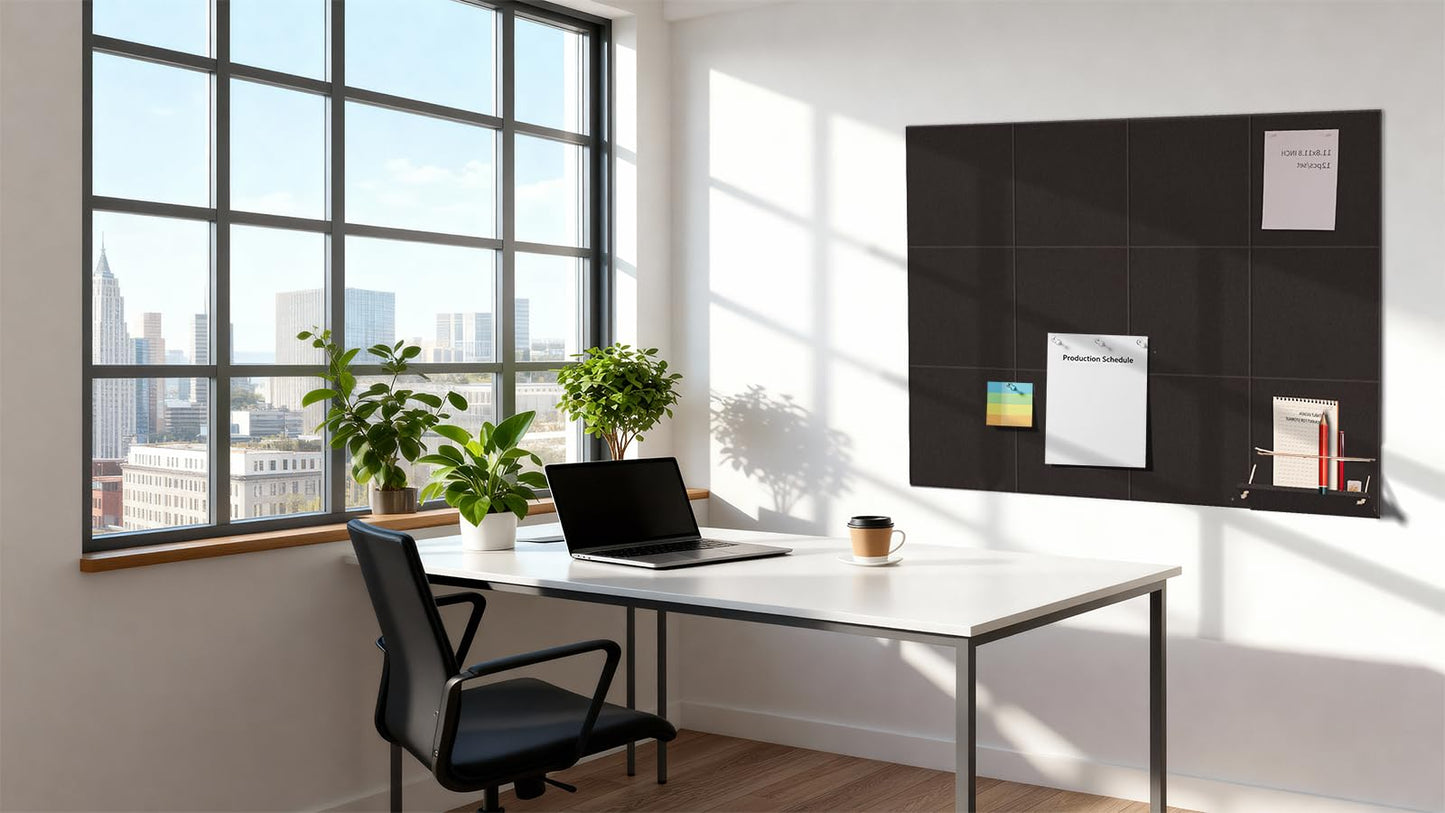 12 Pack Bulletin Boards 48" x 36" Alternative Cork Board for Office,Built-in Storage Device，Large Cork Boards for Walls ， Felt Wall Tiles, Contains Removable Security Stickers and PushPins (F-Black)