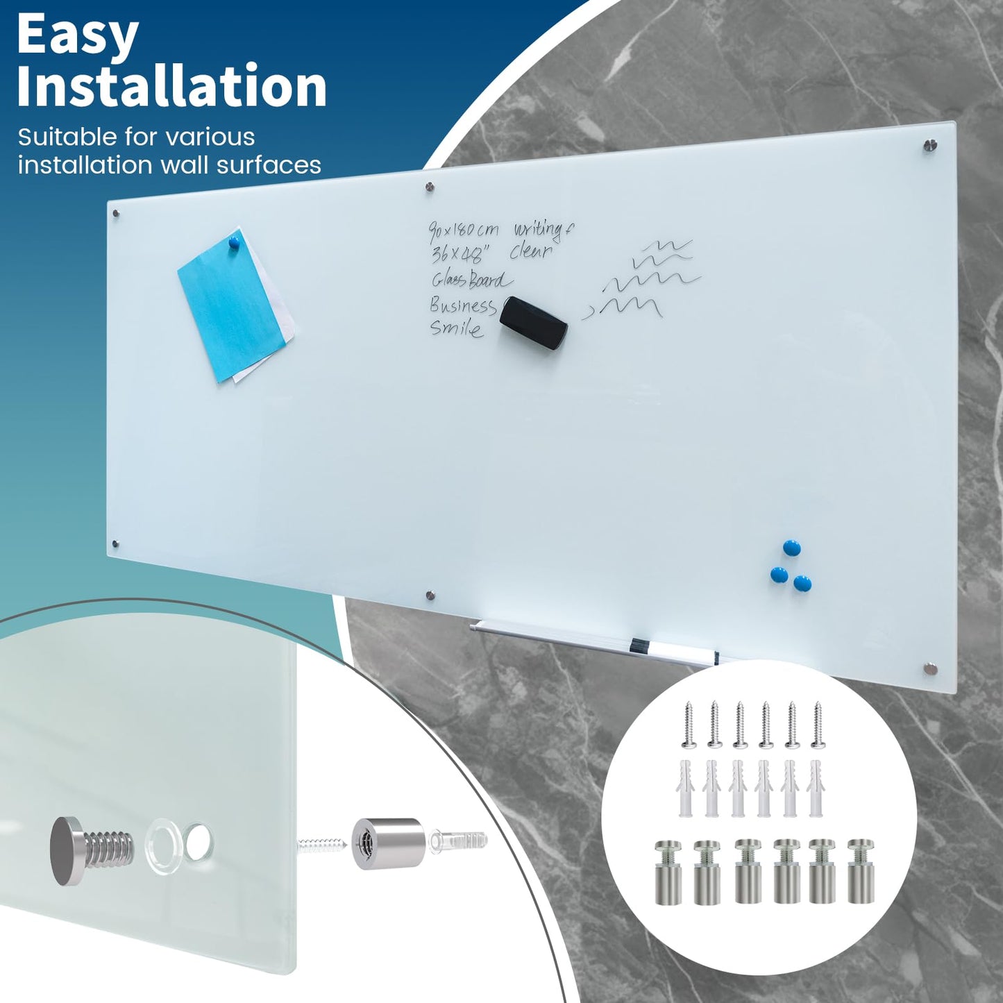 Magnetic Glass Writeboard Tempered Glass Dry Erase Boards Wall Mounted Frameless Whiteboard Bulletin Message Boards (White, 72" Wx36 H)