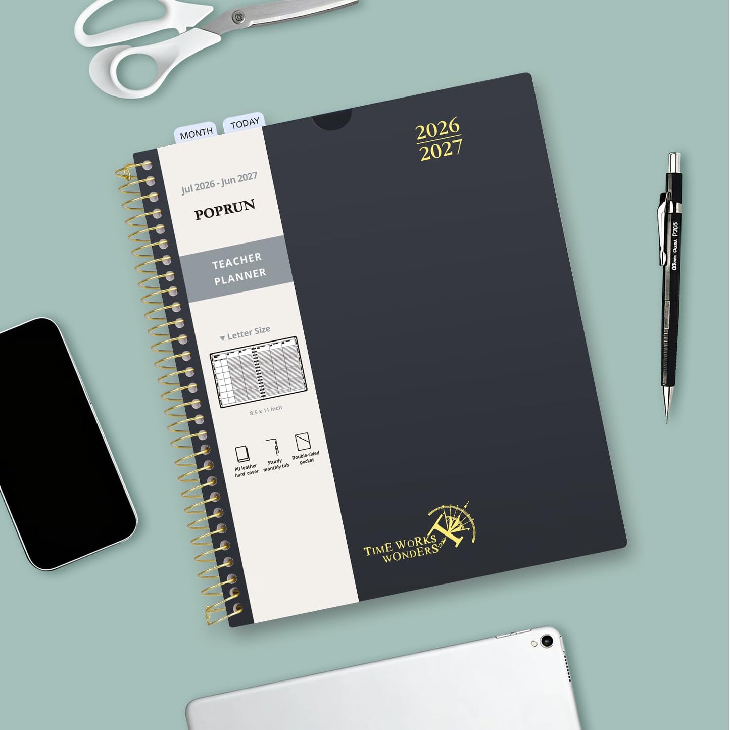 POPRUN Teacher Planner 2026-2027, 8.5" x 11", Academic Lesson Plan Book for Teachers (July 26-June 27) Weekly and Monthly with Gradebook, 2-Sided Pocket, Flexible PP Cover for Classroom, Light Pink