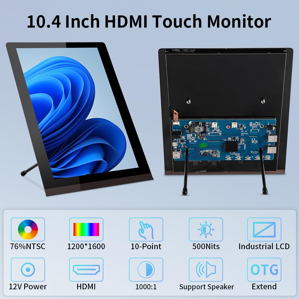 Magedok Touch Screen Display 10.4″, IPS 1200:1600 3:4 Vertical Mini HDMI Screen, 500nits Outdoor Readable Industrial Monitor, Second External Monitor for Laptop Rasp Pi AIDA64 STEM DIY