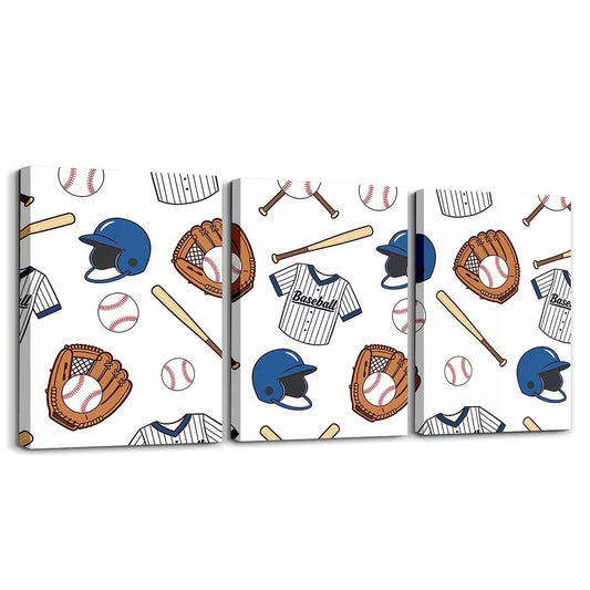 Feelyou Baseball Theme 3 Piece Canvas Wall Art for Living Room Bedroom Baseball Uniform Wall Art for Home Decor Sport Helmet Office Decor Artwork Navy Blue and White Picture Posters