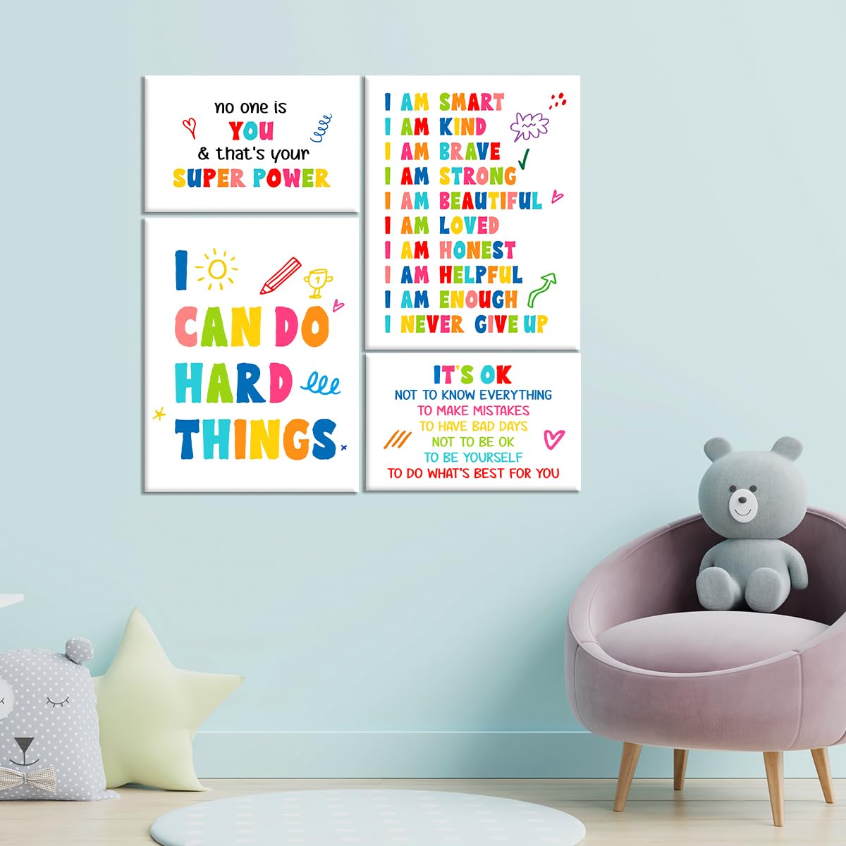Kids Affirmation Wall Decor,Positive Daily Affirmations Wall Art Canvas Frame Poster Print for Kids Bedroom Nursery Classroom Playroom Psychological Counseling Office Wall Decor,Set of 6