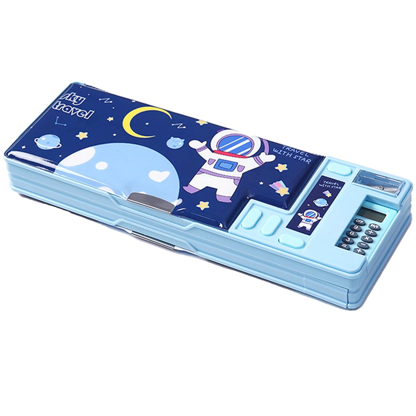 LilyBeauty Multifunction Pencil Case with Calculator, Pencil Sharpener and Curriculum, Multiple Cute Patterns, Suitable for Elementary School Girls, Boys, Great Gifts for Kids (Light Blue)
