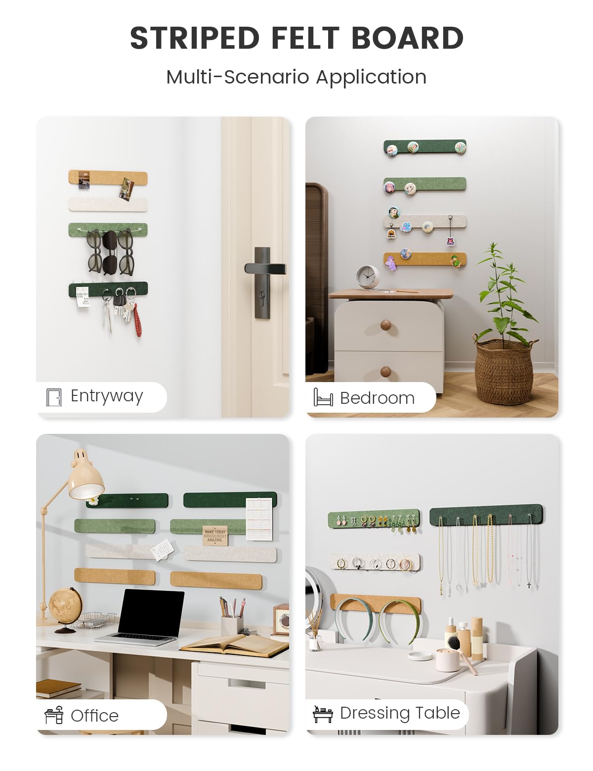 Fluxynara Cork Board Alternative Felt Strip Board 8-Pack 13"x2", Office Pin Board with 50 Push Pins, Adhesive Install for Bedroom Door & Home Office (Moss Glimmer)