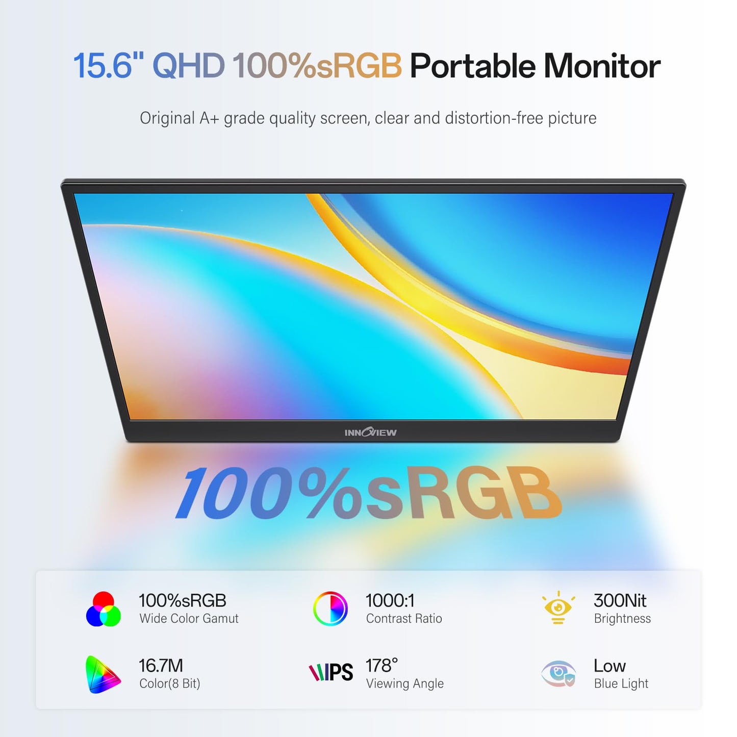 InnoView 2K Portable Monitor 15.6" QHD 100% sRGB, Built-in 180° Adjustable Stand Travel Monitor USB C Standard HDMI Ultra-Slim Portable Monitor for Laptop MacBook Phone PS5 Xbox Switch