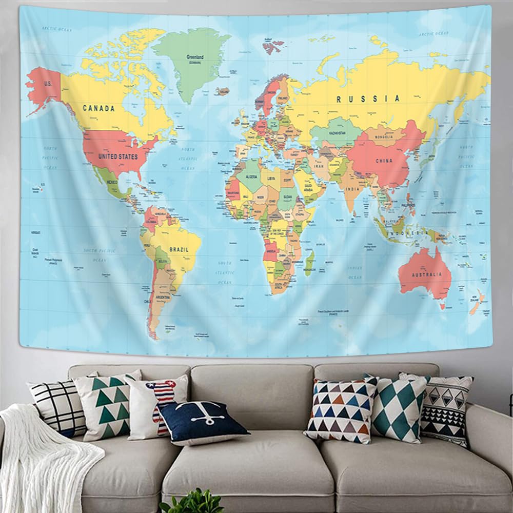 VeiVian World Map Tapestry, Asia Europe South City Topography America Africa Japan Poster Tapestries, Educational Kids Student Map of World Tapestry for Bedroom Living Room Home Office, 80X60in
