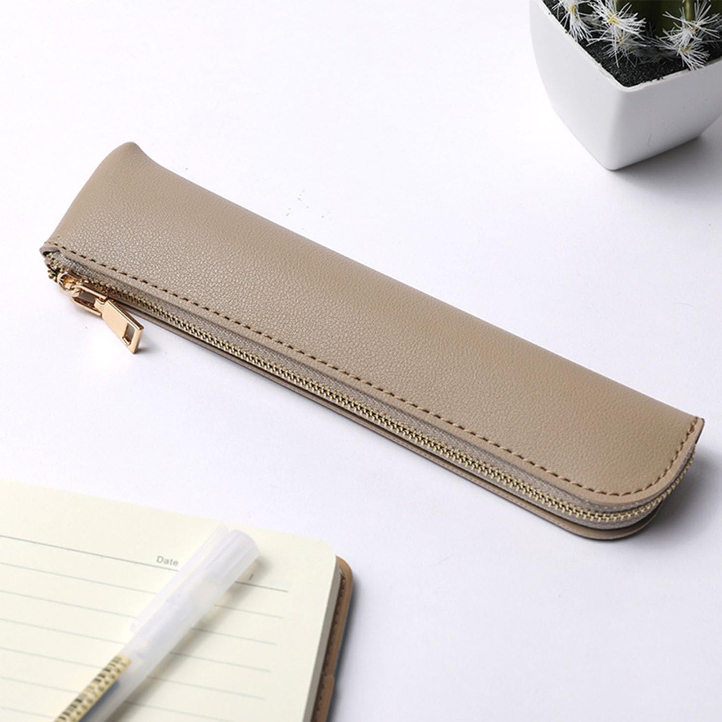 YONBEN Faux Leather Pencil Case Small Pencil Pouch Slim Pen Case Holder Zipper Bag for School Office(Pink,Faux Leather)