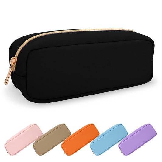 UIXIZQ Waterproof Small Pencil Case Makeup Bag for Purse,Cute Pencil Pouch Preppy Nylon Makeup Brush Holder with Zipper,Girls Portable Storage Case Small Pen Bag for Office(Slim-Black)