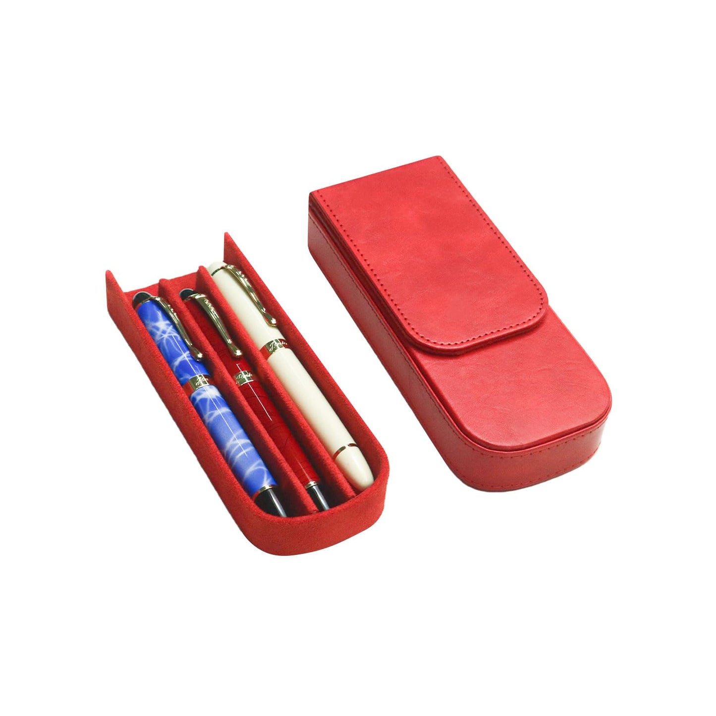 MIVLXLX PU Leather Triple Pen Case Pencil Pouch Holder for Three Fountain Ballpoint Rollerball Pens and Pencils Gift Choice for Man/Woman/Office (red)