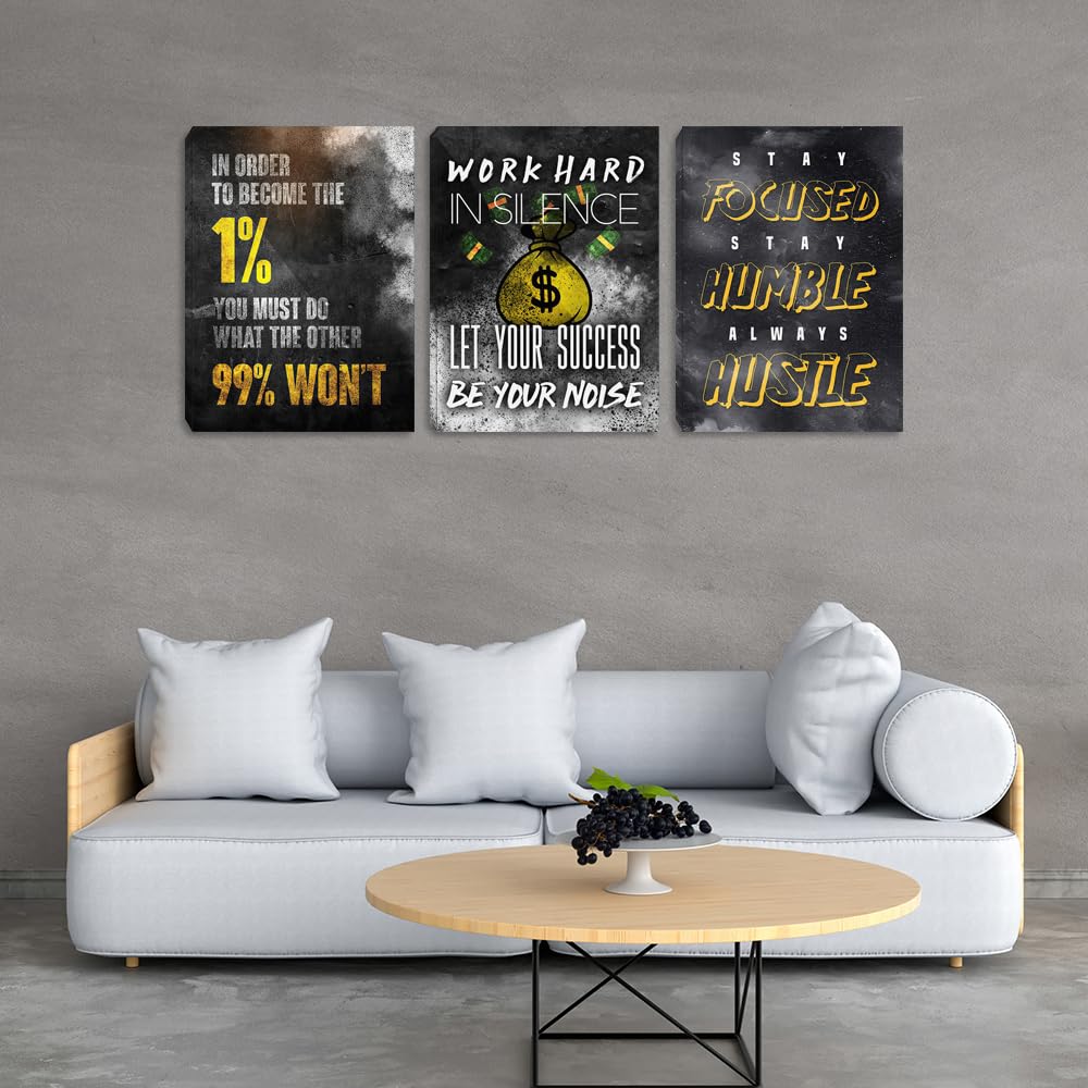 Motivational Canvas Wall Art Inspirational Success Quotes Wall Art Retro Black White Poster Hangs Picture Hustle Canvas Painting Artwork for Office Bedroom Living Room Workplace (36''Wx 16''H)