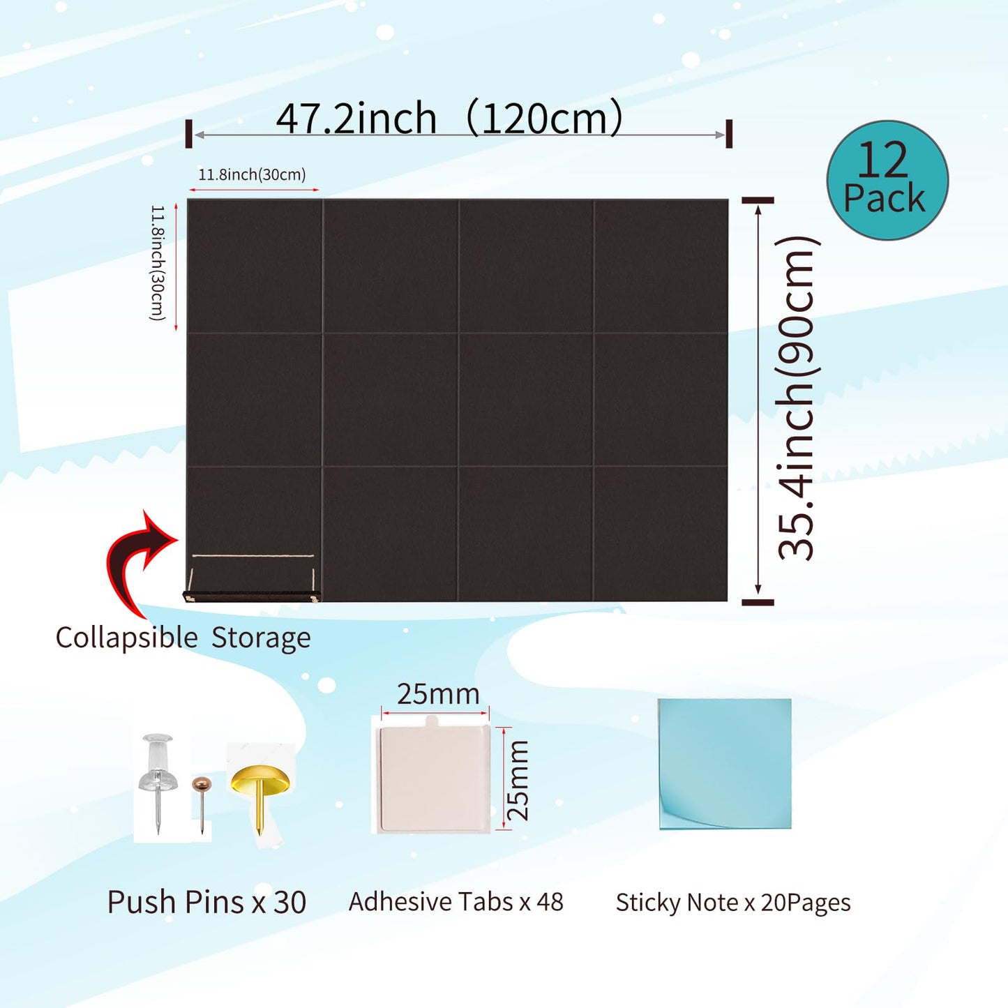 12 Pack Bulletin Boards 48" x 36" Alternative Cork Board for Office,Built-in Storage Device，Large Cork Boards for Walls ， Felt Wall Tiles, Contains Removable Security Stickers and PushPins (F-Black)