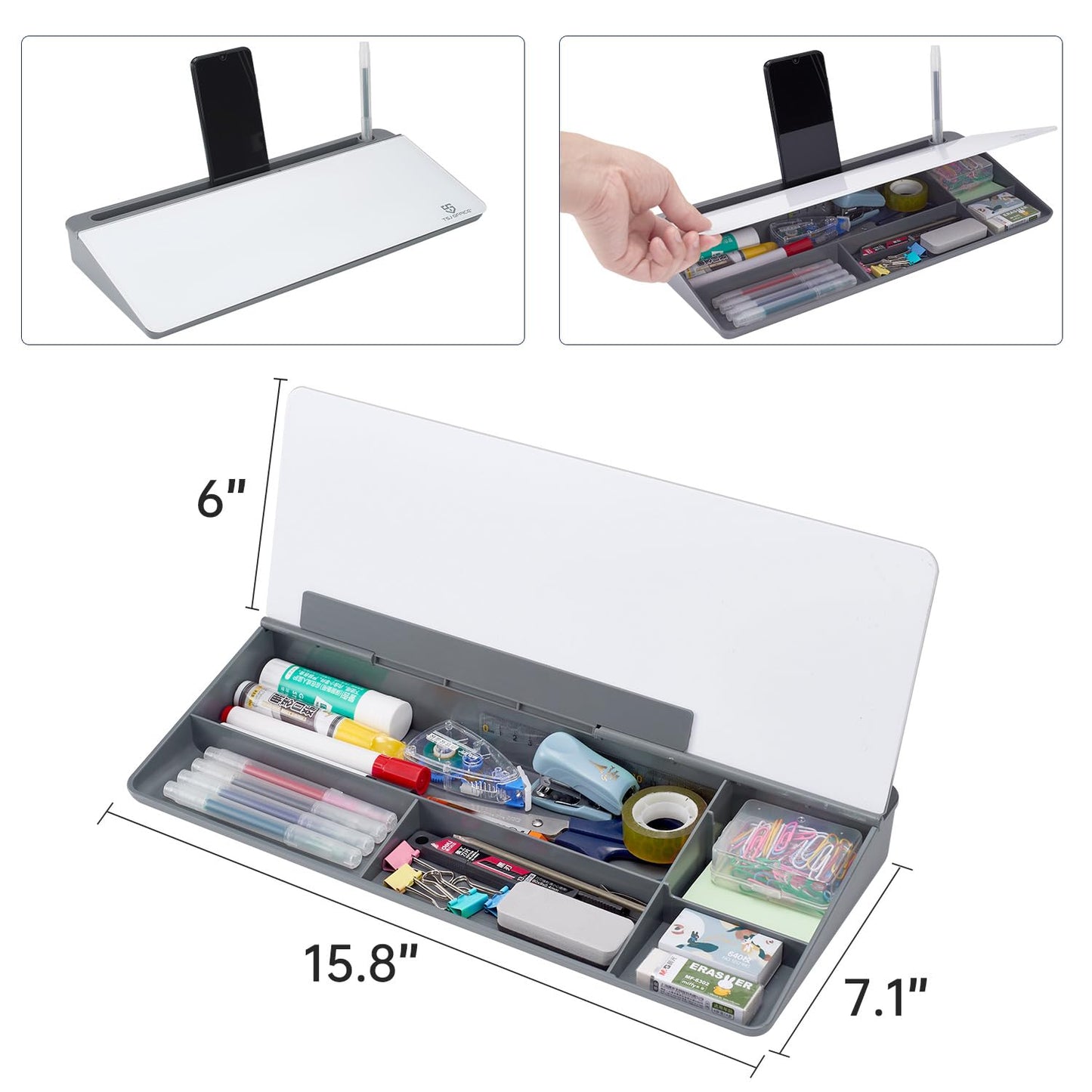 Small Desktop Glass Whiteboard Dry-Erase-Board - Computer Keyboard Stand White Board Surface Pad with Drawer, Desk Organizers with Accessories for Office, Home, School Supplies - Grey