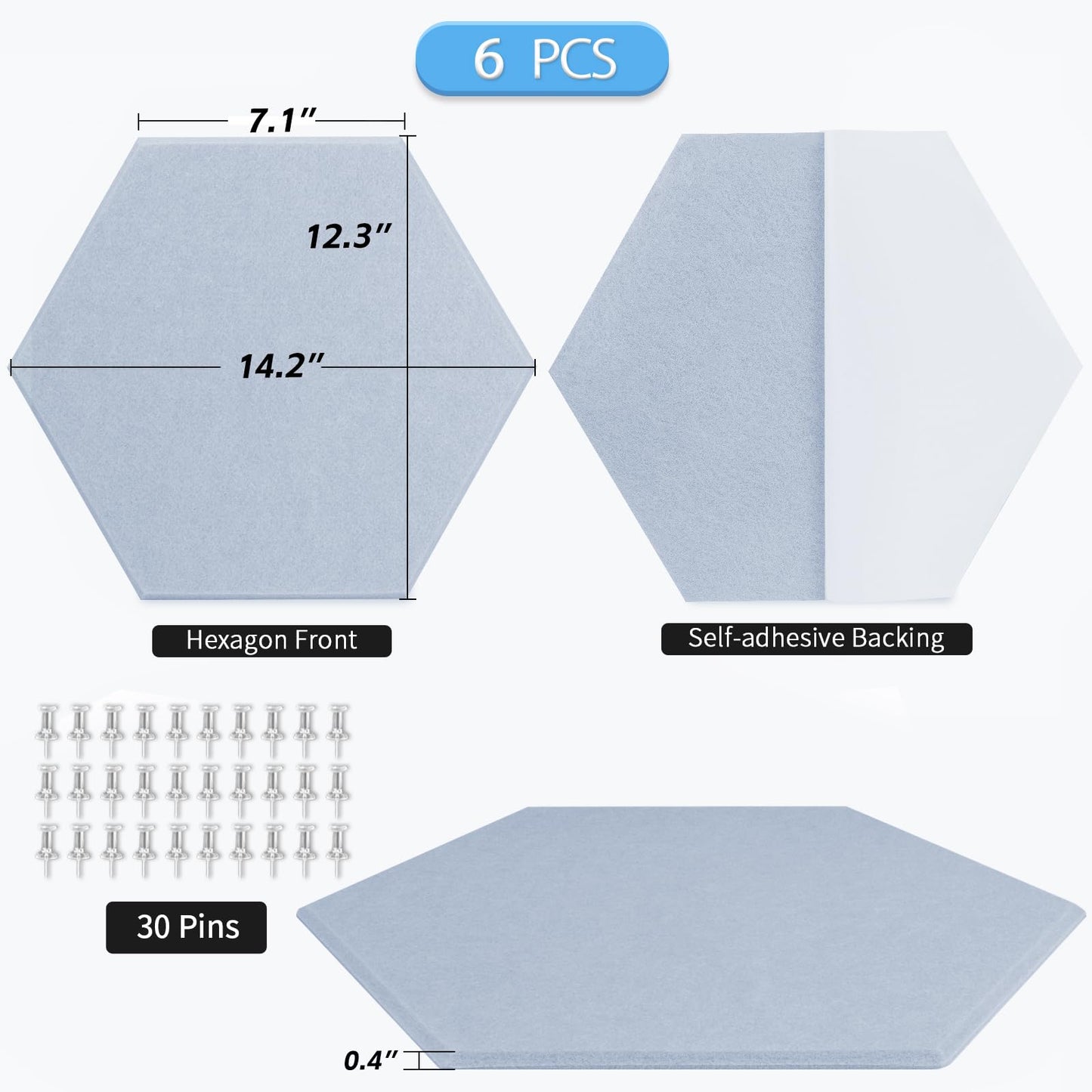 BXI Large Hexagon Felt Bulletin Board - 14.2 X 12.3 X 0.4 Inches 6 Pcs Self-Adhesive Poster Cork Board with 30 Push Pins, Pin Tiles Display Vision Board, Photo Picture Panels for Home Office Classroom