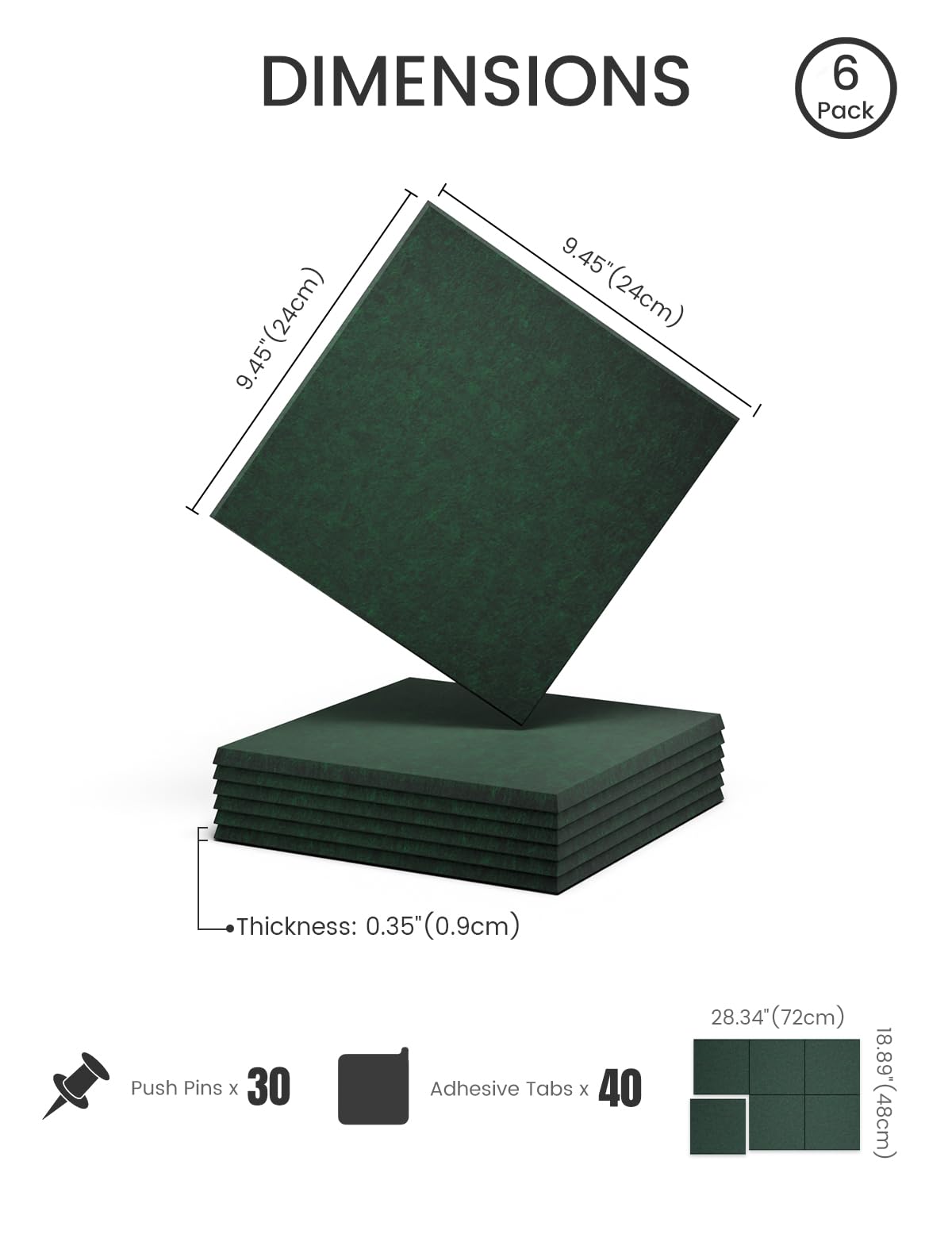 Felt Bulletin Board Tiles -28"x18" Cork Board Alternative for Office Decor, Push Pin Board Wall Organizer 6-Pack -Pine Green