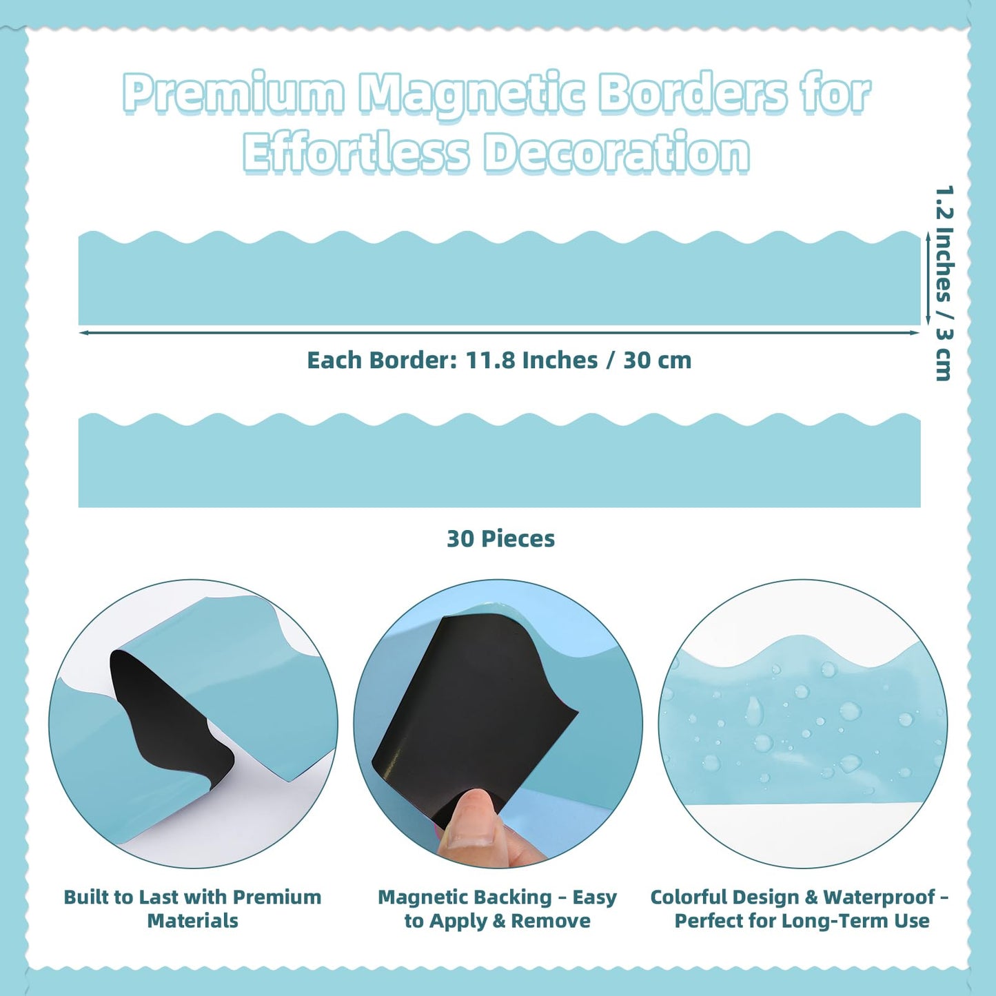 30 Pcs Magnetic Borders for Classroom Whiteboard - Sky Blue Magnetic Bulletin Board Border Set - Scalloped Chalkboard Border Strips for Teachers, Parents, DIY Home,School & Office Decoration