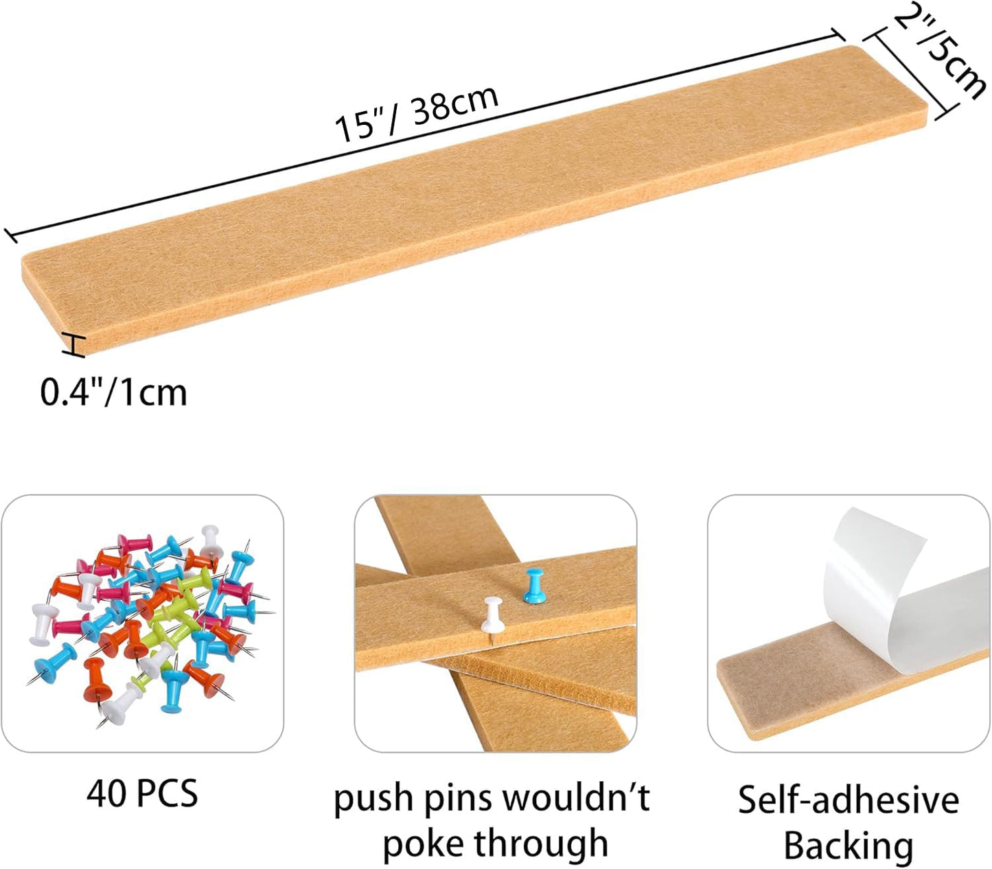 GoTiling Cork Board for Walls - 8 Pack Felt Pin Board Bar Strips - Self-Adhesive Lightweight Bulletin Board - Cork Board for Office with 40 Push Pins No Damage for Wall (Camel)