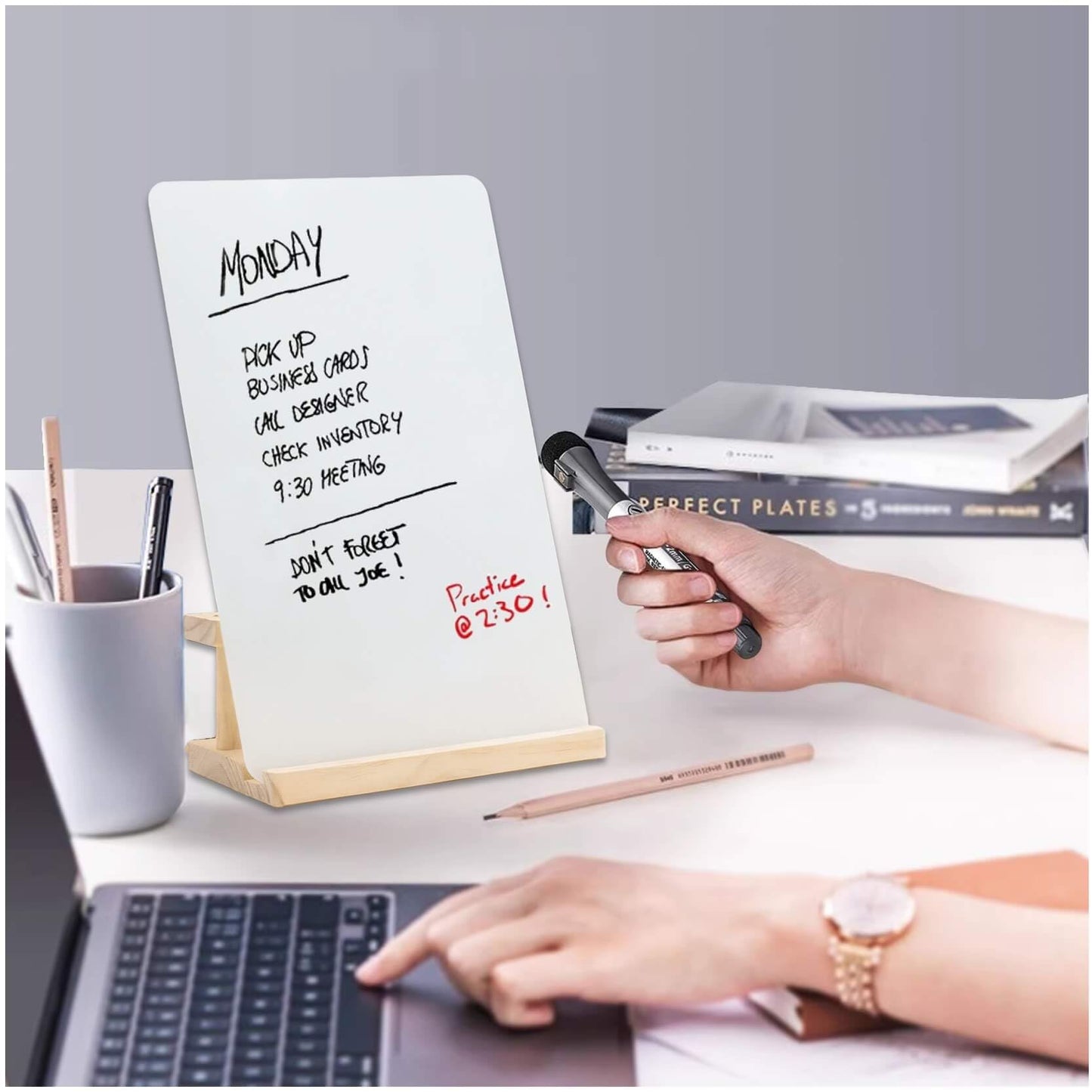 iNenya Glass White Board with Stand,Magnetic Mini Dry Erase Board for Desk,Small Desktop Whiteboard with Solid Wood Bracket
