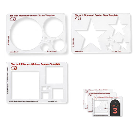 CLPA Fibonacci 3-Piece Template Set — 6" Circle, Star and Square | Golden Ratio Drawing Tools | Fibonacci Art, Quilting and Drafting Stencils | Clear PETG | Made in Australia
