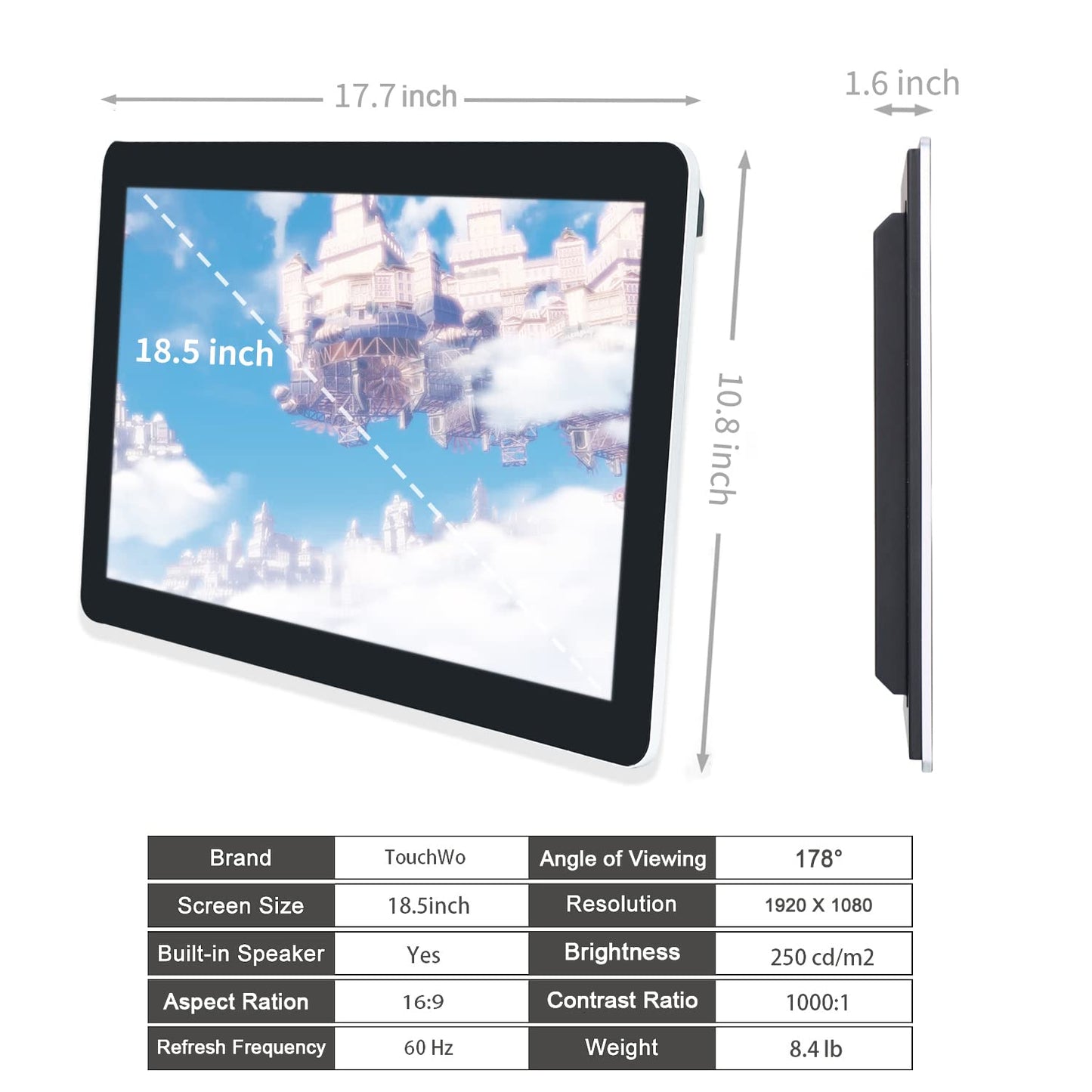 TouchWo 18.5 inch Capacitive Multi-Touch Screen Industrial Monitor, 16:9 Display 1920 x 1080P, Built-in Speakers, VGA, DVI & HD-MI Monitor for PC, POS, Small Business, Restaurant