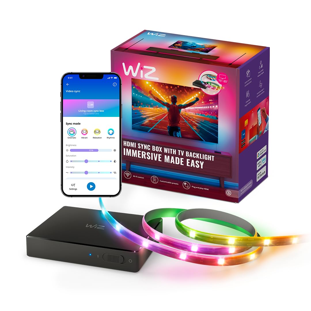 WiZ Connected HDMI Sync Box - 4K 60Hz, RGBIC LED Strip, Multicolor, for 75-85 Inch TVs, Model 640078