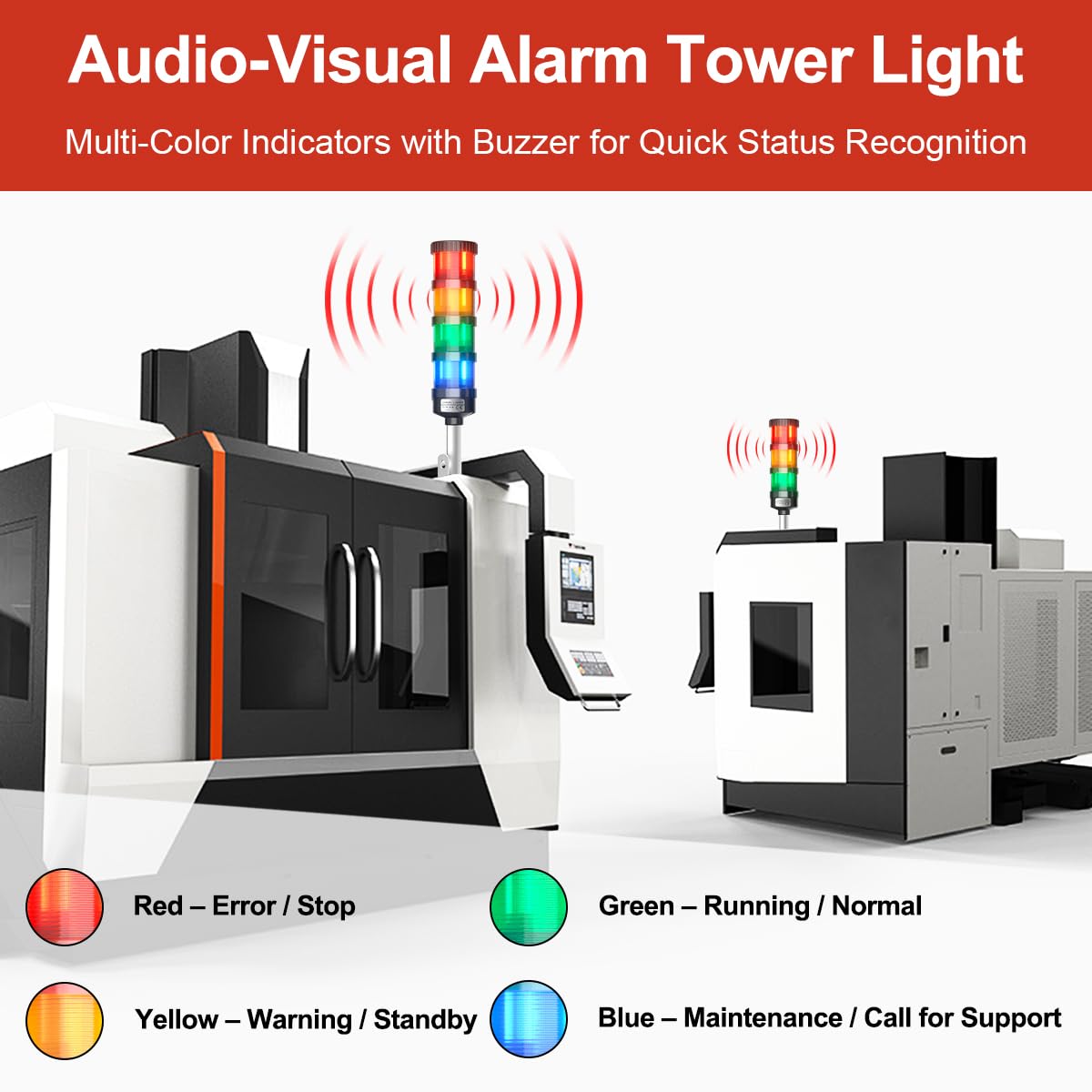3 Stack Super Bright LED Andon Tower Light with Buzzer, 24VDC Red/Yellow/Green Signal Light, Off-ON, 32.8ft Extension Cord, 9.8ft Power Adapter, Plug Play Ready, for Factory Automation & Safety Alarms
