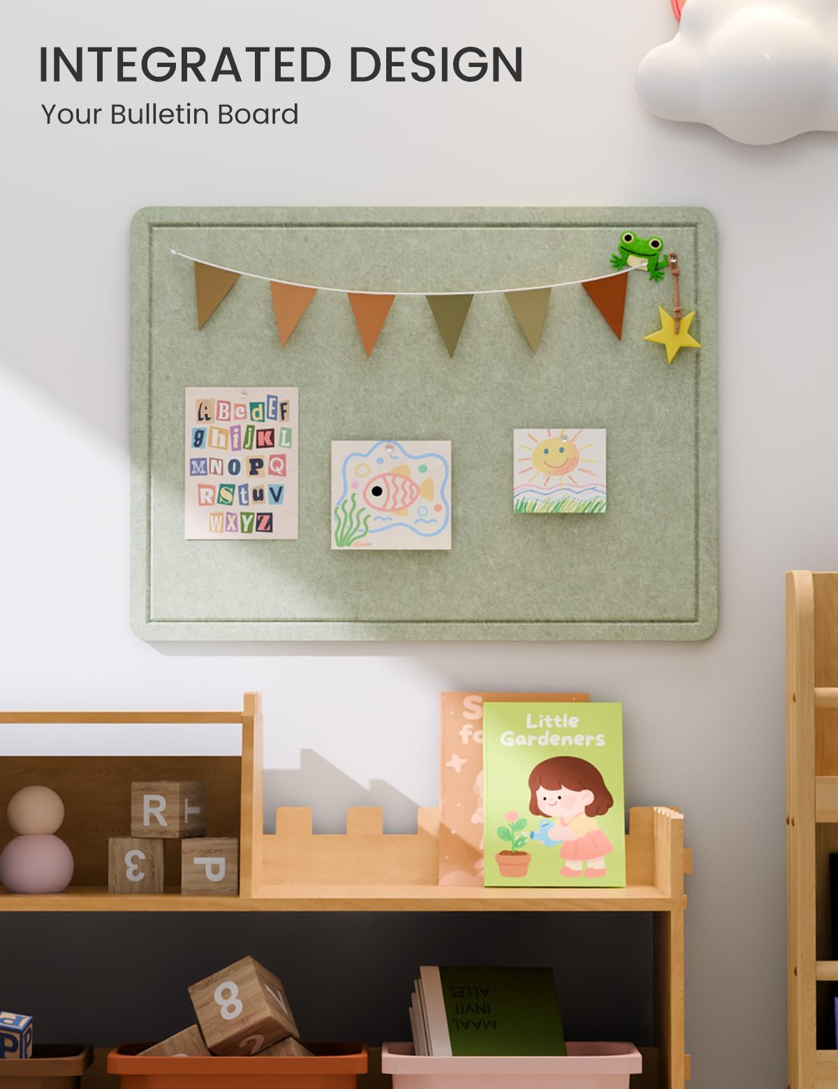 Fluxynara Bulletin Board, 23.6" x 17.5" Cork Board Alternative with 12 Safe Removable Adhesive Tabs, Foldable Felt Pin Board for Home Office, Classroom, Bedroom,Entryway for Walls—Sage
