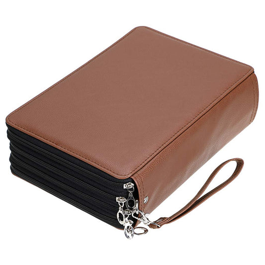 BTSKY 200 Slots Colored Pencil Organizer - Deluxe PU Leather Pencil Case Holder With Removal Handle Strap Pencil Box Large for Colored Pencils Watercolor Pencils Brown