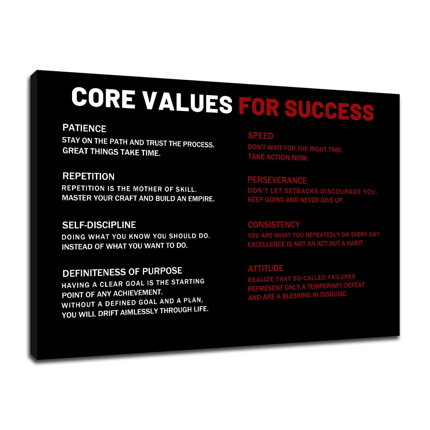 Core Values for Success Motivational Canvas Wall Art Inspirational Office Artwork for Bedroom Entrepreneur Quotes Poster Print for Home Gym Wall Decoration Ready to Hang [18''Wx12''H]