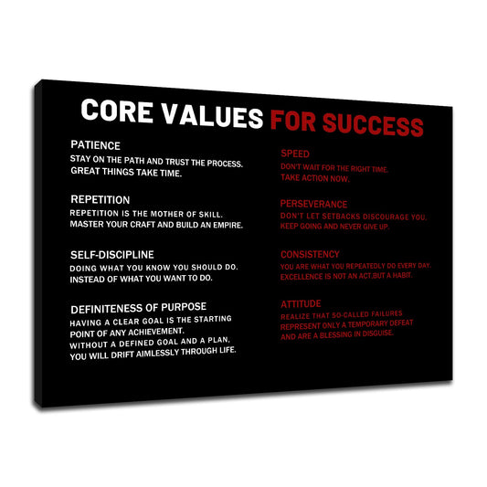 Core Values for Success Motivational Canvas Wall Art Inspirational Office Artwork for Bedroom Entrepreneur Quotes Poster Print for Home Gym Wall Decoration Ready to Hang [18''Wx12''H]