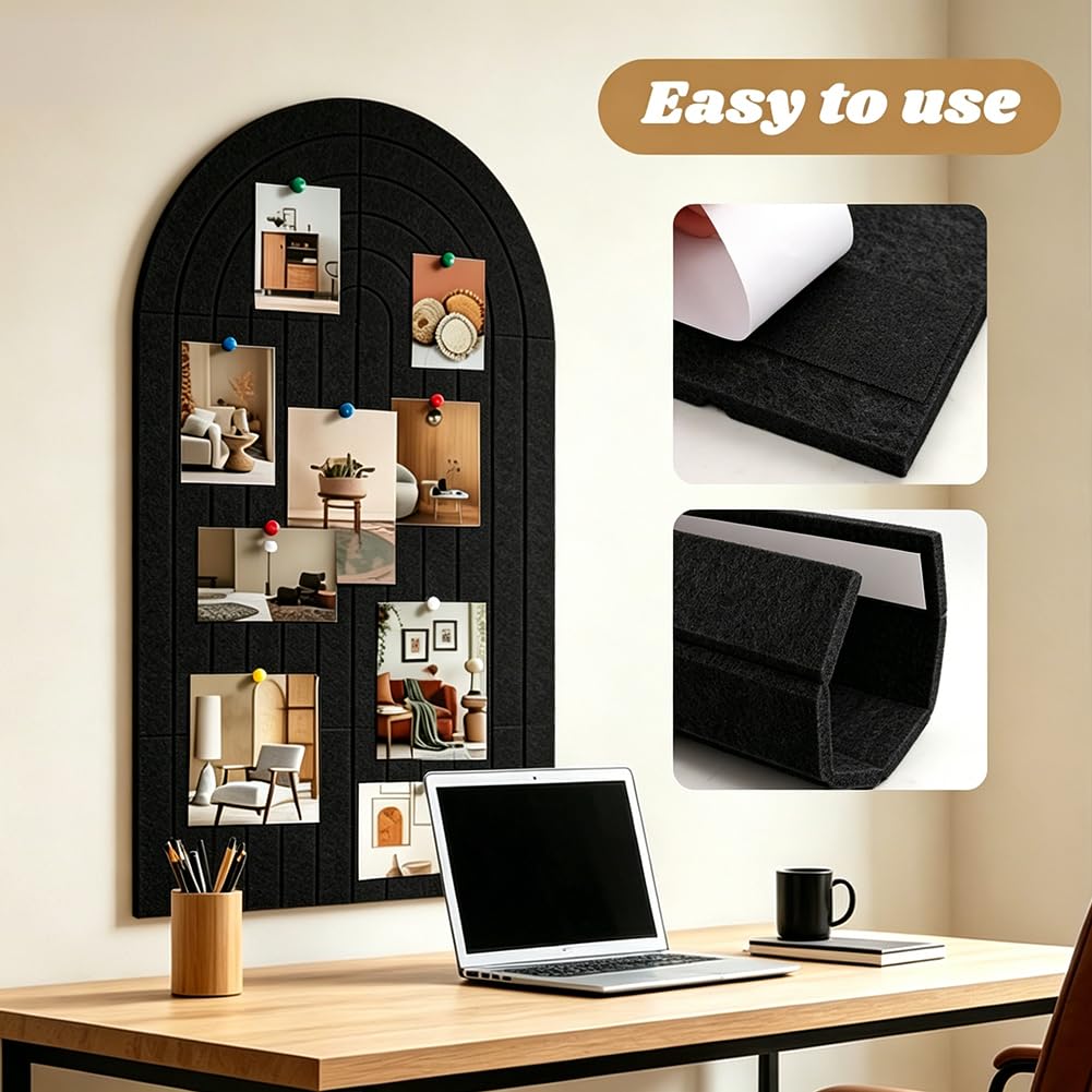 Large Arched Felt Bulletin Board, 47" x 24" Cork Board Alternative with 30 Push pins, 8 Customizable Adhesive Tiles for Office, Home Wall Decor, Photos and Workspace(Black)