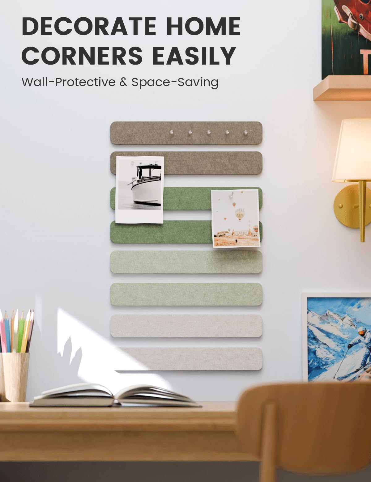 Fluxynara Cork Board Alternative Felt Strip Board 8-Pack 13"x2", Office Pin Board with 50 Push Pins, Adhesive Install for Bedroom Door & Home Office (Moss Haven）