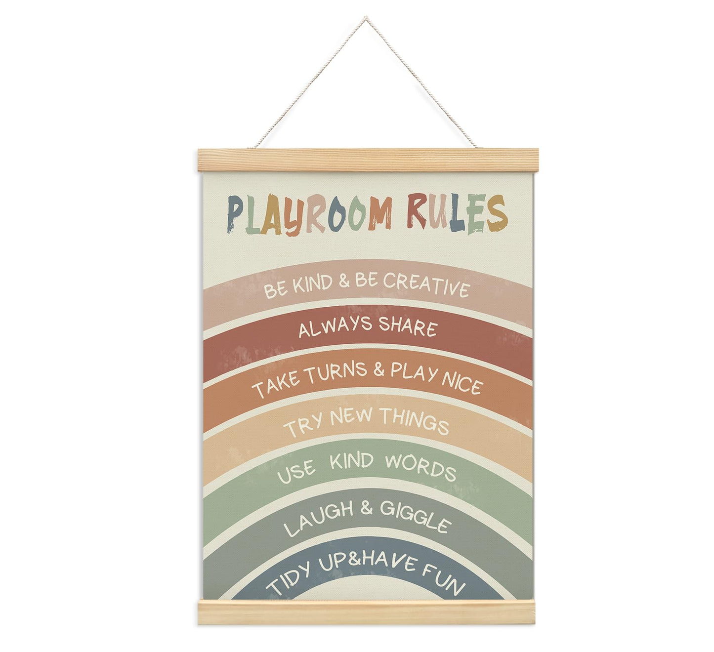 foedor Boho Rainbow Nursery Playroom Rules Wall Art with Wooden Frames,Playroom Wall Decor Canvas Hanging Banner,Playroom Sign Affirmations Prints Framed for Classroom Kids Room Wall Decor,12x16 Inch