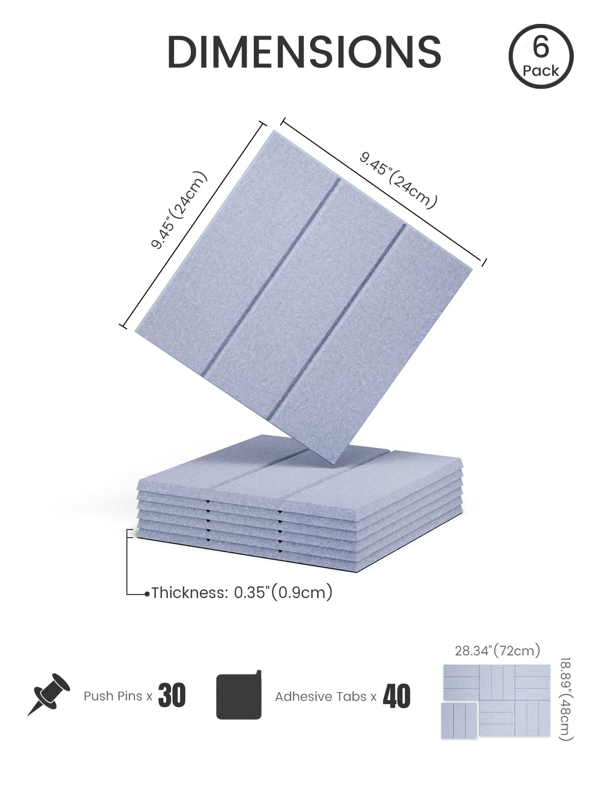 Felt Bulletin Board Tiles -28"x18" with 40 Adhesive Tabs, Cork Board Alternative for Office Decor, Push Pin Board Wall Organizer 6-Pack(Soft Periwinkle)