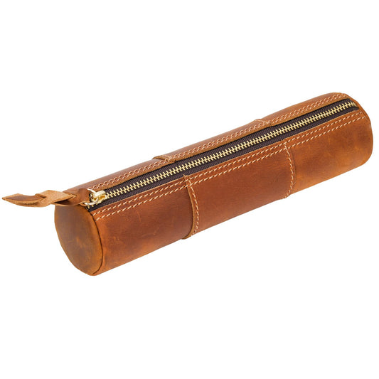ECHSRT Genuine Leather Pencil Case, Full-Grain Cowhide Leather Pouch, Small Pencil Pouch for Men, Vintage Pen Bag for Adults, Stationery Organizer Case for Work & Travel-Cylinder-Brown