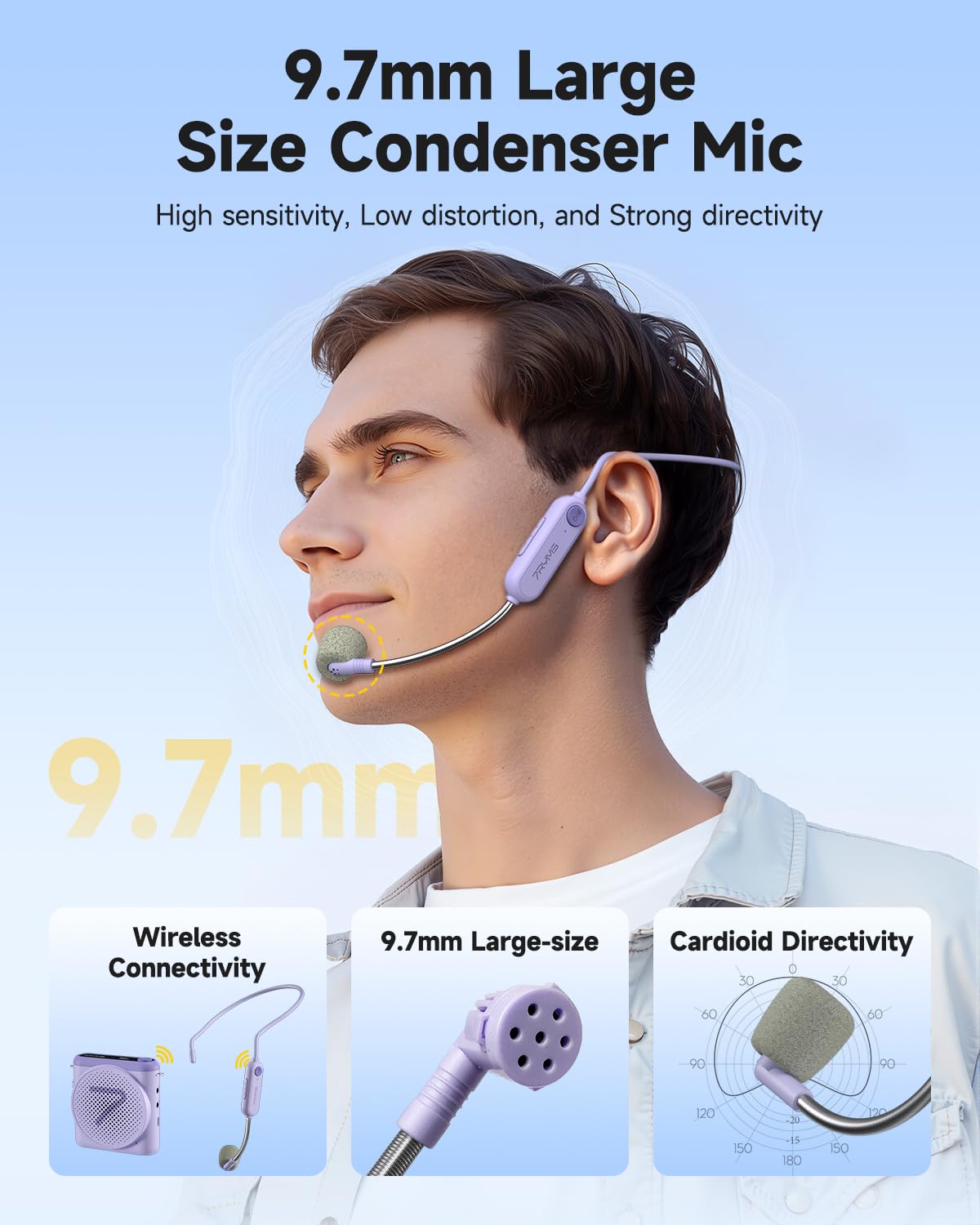 7RYMS WA1 Wireless Voice Amplifier for Teachers, Elderly with Headset Microphone, Personal Classroom Amplifier-Noise Canceling, 23H Working, 164ft Range, Mini Pa System for Teaching Tour Guide Yoga