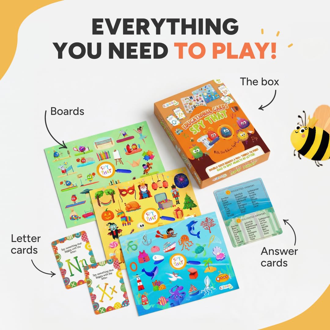 Flashcards Spy that! by Kidrox Squad – Spy that Letter Game for Kids Ages 3+, 20 Double-Sided Picture Search Boards with 400+ Objects, Alphabet Learning Game for Toddlers and Families