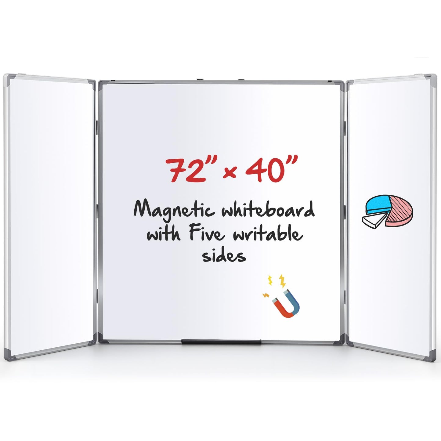 AmazingSpark 72” x 40” Foldable Whiteboard Dry Erase Board Large Tri Folding Whiteboard Magnetic Dry Erase Board, Wall Aluminium Frame and Pen Tray for Office, Home