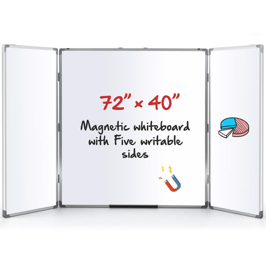 AmazingSpark 72” x 40” Foldable Whiteboard Dry Erase Board Large Tri Folding Whiteboard Magnetic Dry Erase Board, Wall Aluminium Frame and Pen Tray for Office, Home
