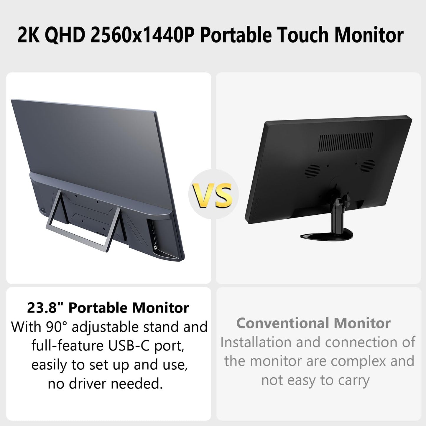 Prechen 23.8 Inch 2K 100Hz Large Portable Touchscreen Monitor 100% sRGB IPS Portable Touch Display QHD w/90° Adjustable Stand USB-C HDMI Laptop Monitor Desktop 2560X1440