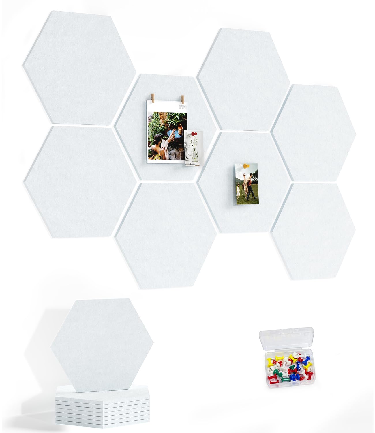 Uoisaiko 8 Pack Hexagon Felt Bulletin Board Tiles - 12" Large Thick Pin Board for Walls with 30 Push Pins, DIY Boards for Office Home School Decor, Aesthetic Hex Cork Board Alternative