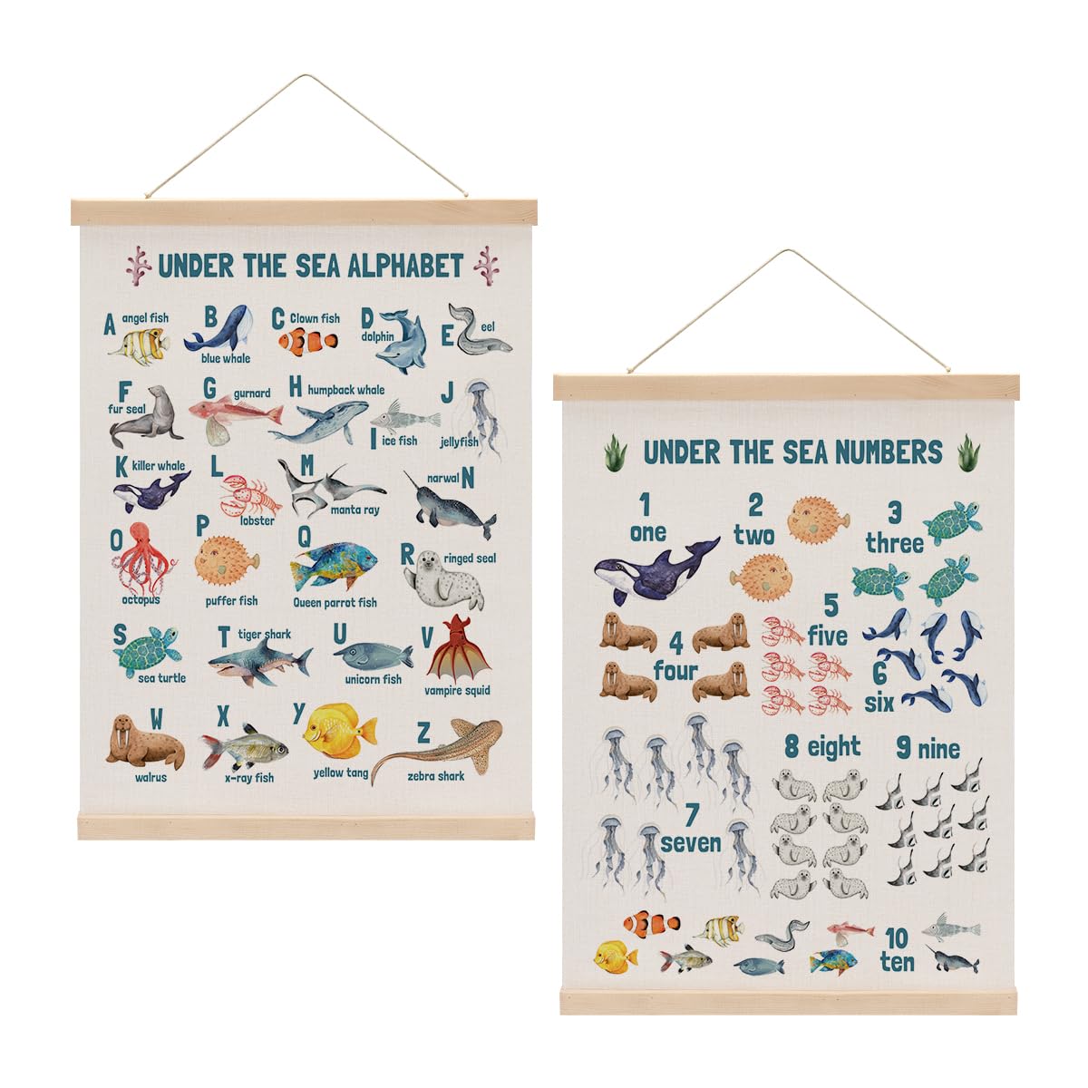 Number Chart Alphabet Poster Hanger, ABC Chart Wall Decor, Toddler Learning Posters, Educational Posters Homeschool Supplies, Sea Animals Wall Art Wall Hanging Banner Living Room Nursery Decor