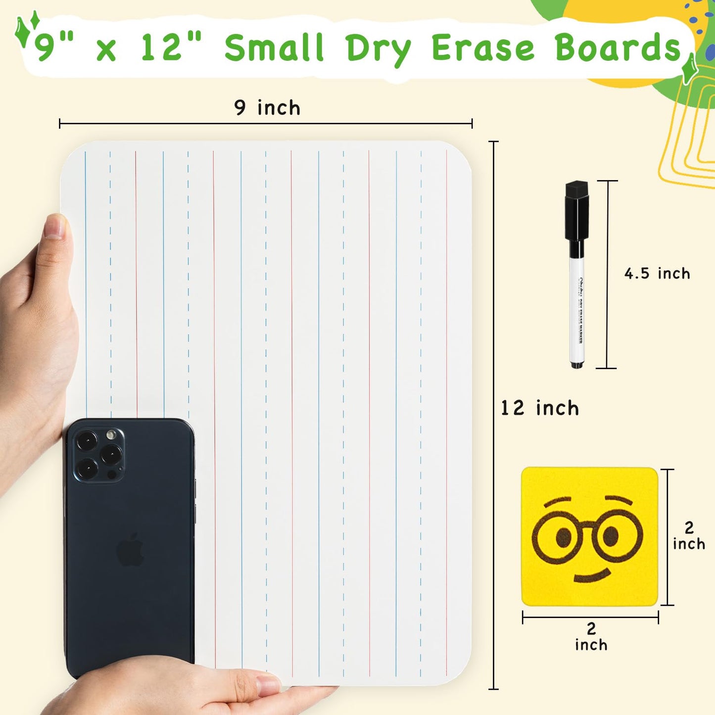 Ohuhu 25 Pack Lined/Plain Dry Erase Boards - 9"x12" Double-Sided White Board Class Set - Includes 25 Mini Whiteboards 25 Black Markers and 25 Erasers for Classroom School Office Students Teachers
