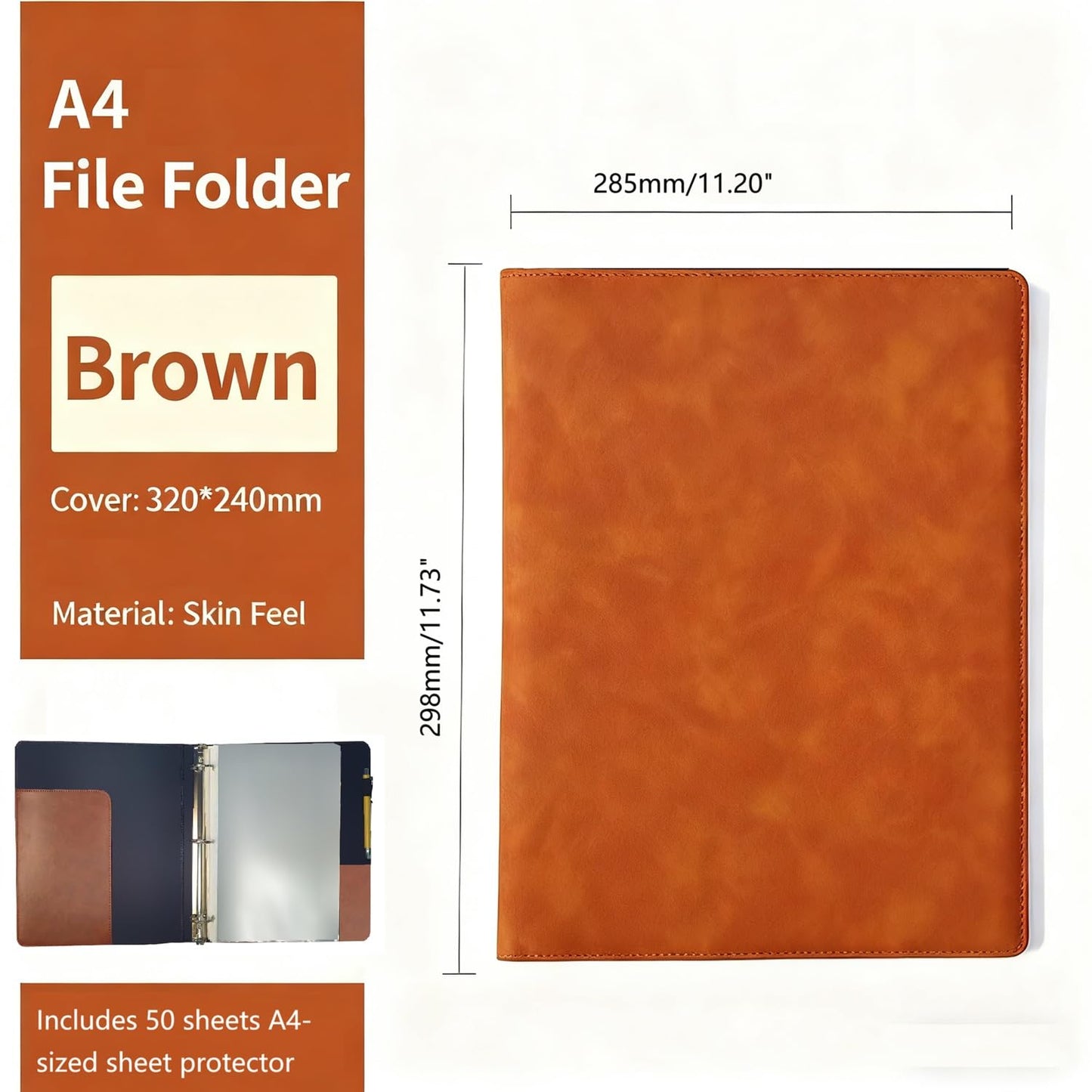 wionsnowy Vintage Hardback 3 Ring Binder Professional Leather Binder Organizer Round Rings Holds 200 Sheets with 2 Inner Pockets(1.5 Inch,Brown, Black) (Brown)