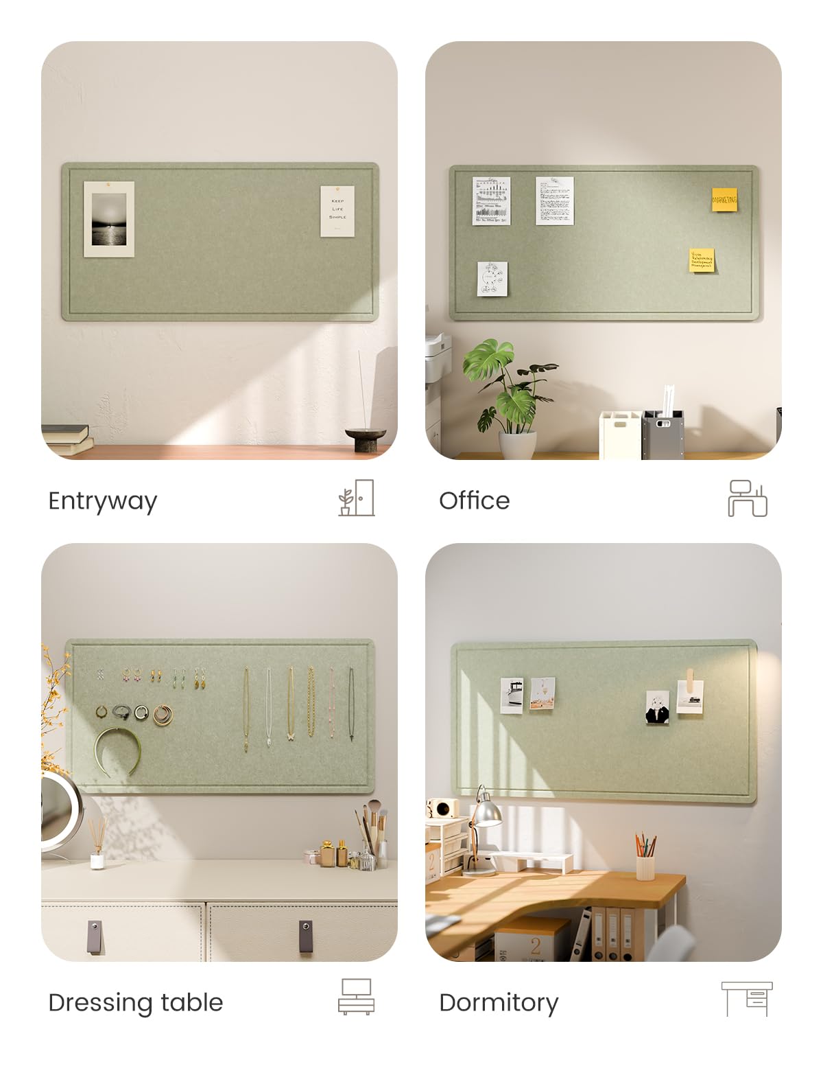 Fluxynara Bulletin Board, 35" x 17.5" Cork Board Alternative with 12 Safe Removable Adhesive Tabs, Foldable Felt Pin Board for Home Office, Classroom, Bedroom,Entryway for Walls—Sage