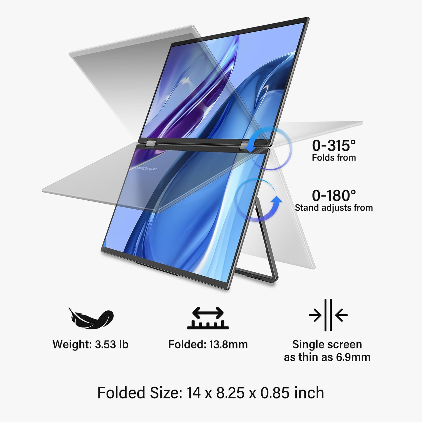 InnoView Portable Dual Monitor 15.6" 3840x2160P 4K 100% sRGB | Owl Eye Vision - Foldable Design with 315° Screen Adjustment, 180° Stand | DP/USB-C/HDMI, Dual Screen Extender for Laptop, Mac, Windows